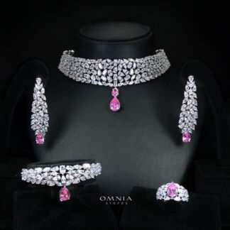 Omnia Nuray Pink Luxury Bridal Full Set Accessories in High Quality Zircon Stone in Rhodium Plated