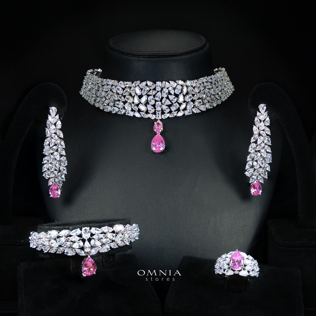 Omnia Nuray Pink Luxury Bridal Full Set Accessories in High Quality Zircon Stone in Rhodium Plated - Image 3