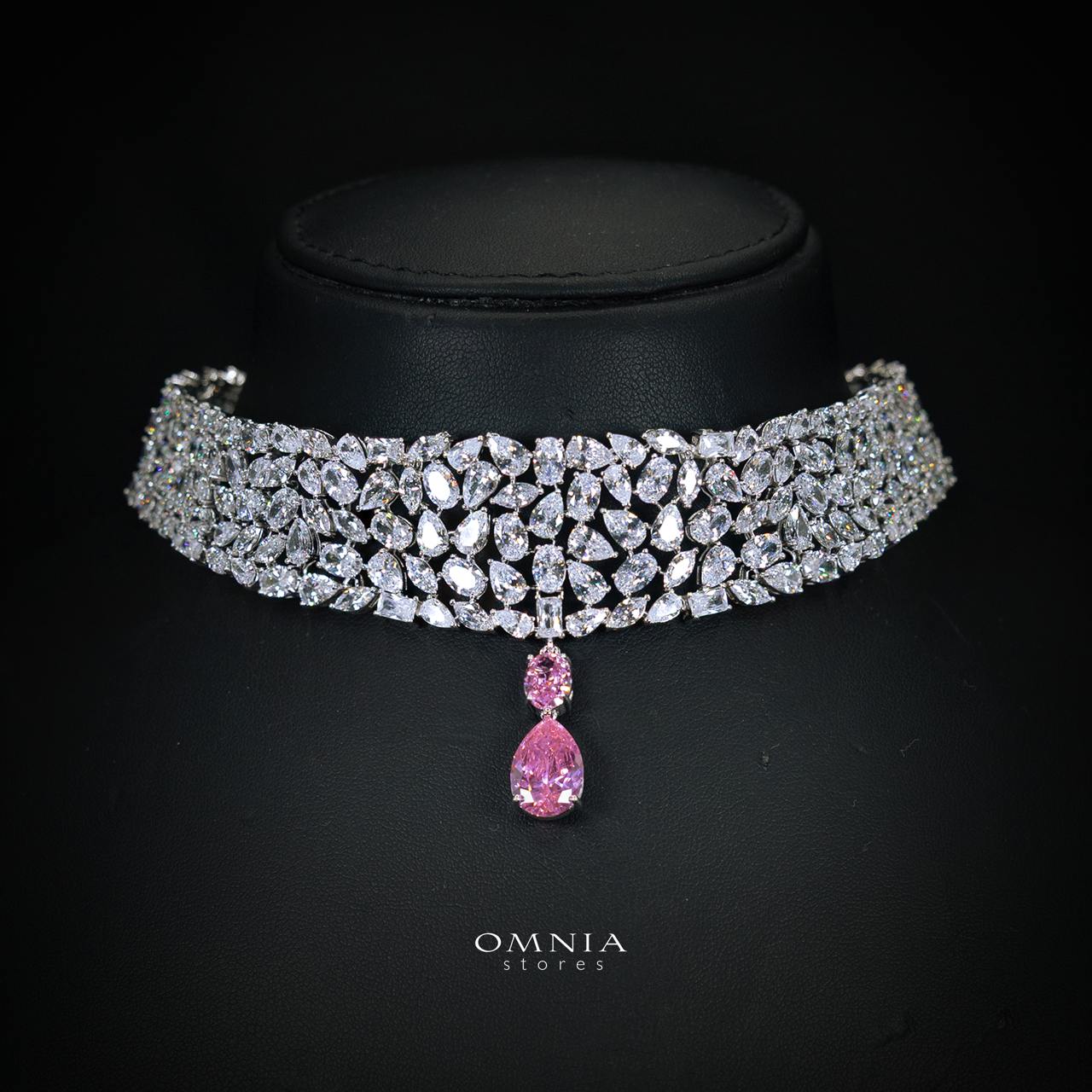 Omnia Nuray Pink Luxury Bridal Full Set Accessories in High Quality Zircon Stone in Rhodium Plated - Image 5