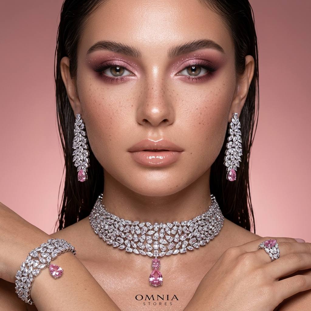 Omnia Nuray Pink Luxury Bridal Full Set Accessories in High Quality Zircon Stone in Rhodium Plated - Image 4