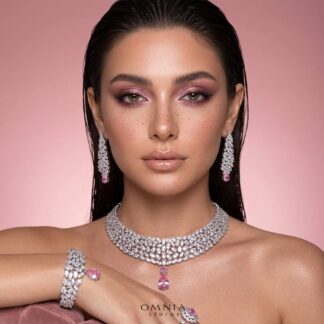 Omnia Nuray Pink Luxury Bridal Full Set Accessories in High Quality Zircon Stone in Rhodium Plated