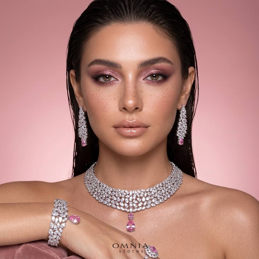 Omnia Nuray Pink Luxury Bridal Full Set Accessories in High Quality Zircon Stone in Rhodium Plated