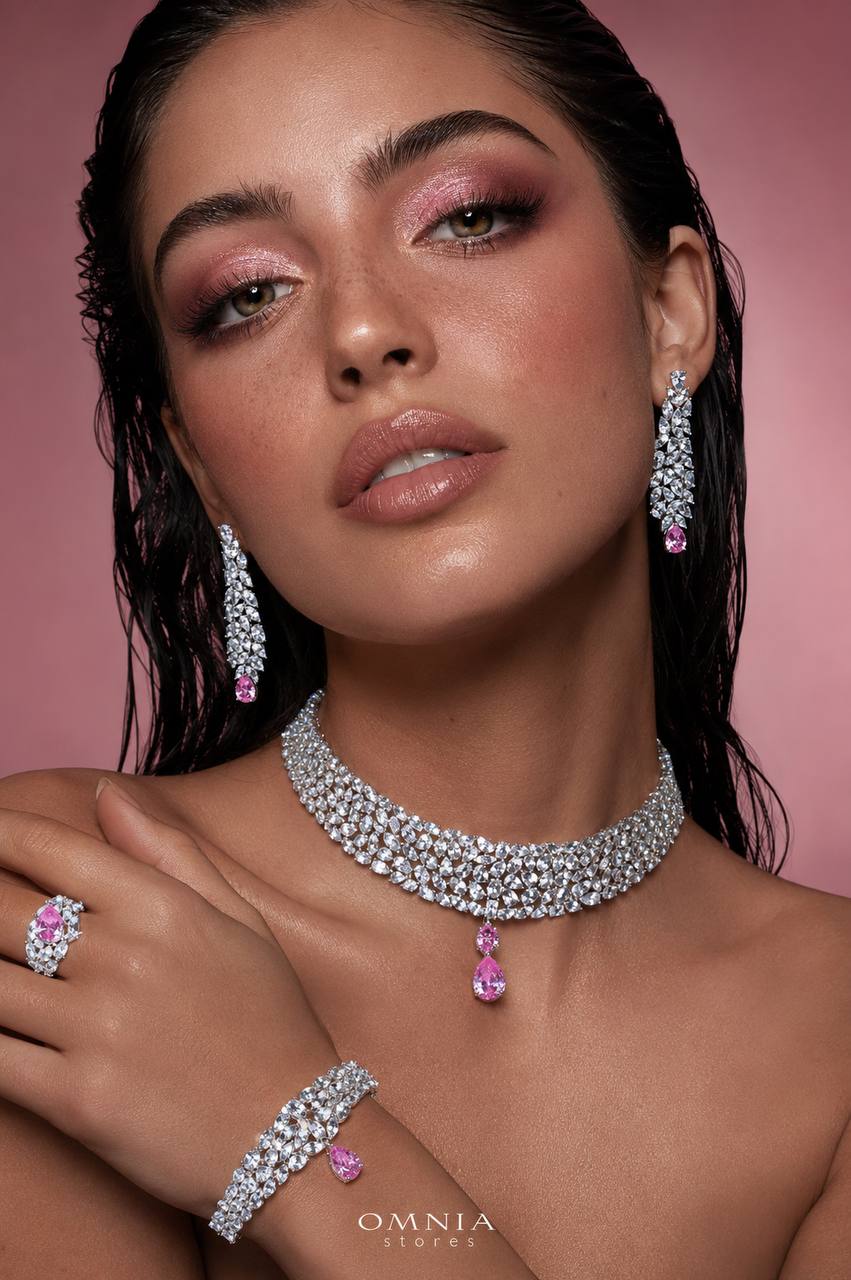 Omnia Nuray Pink Luxury Bridal Full Set Accessories in High Quality Zircon Stone in Rhodium Plated - Image 2