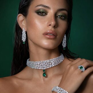 Omnia Nuray Green Luxury Bridal Full Set Accessories in High Quality Zircon Stone in Rhodium Plated