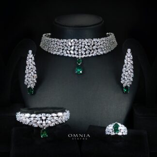 Omnia Nuray Green Luxury Bridal Full Set Accessories in High Quality Zircon Stone in Rhodium Plated