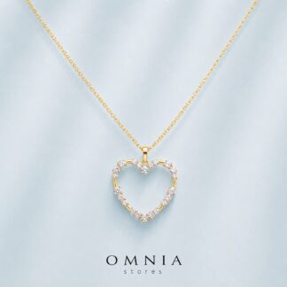 Omnia Bashair Golden Heart Necklace in 925 Silver with High-Quality White Simulated Diamonds