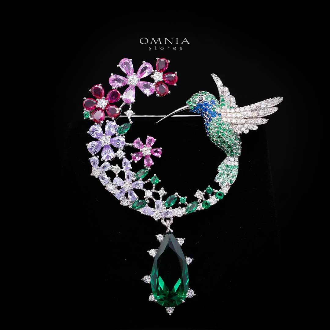 Khalisa Hummingbird & Floral Garden Brooch – Premium Multi-Color Simulated Diamonds in 925 Sterling Silver