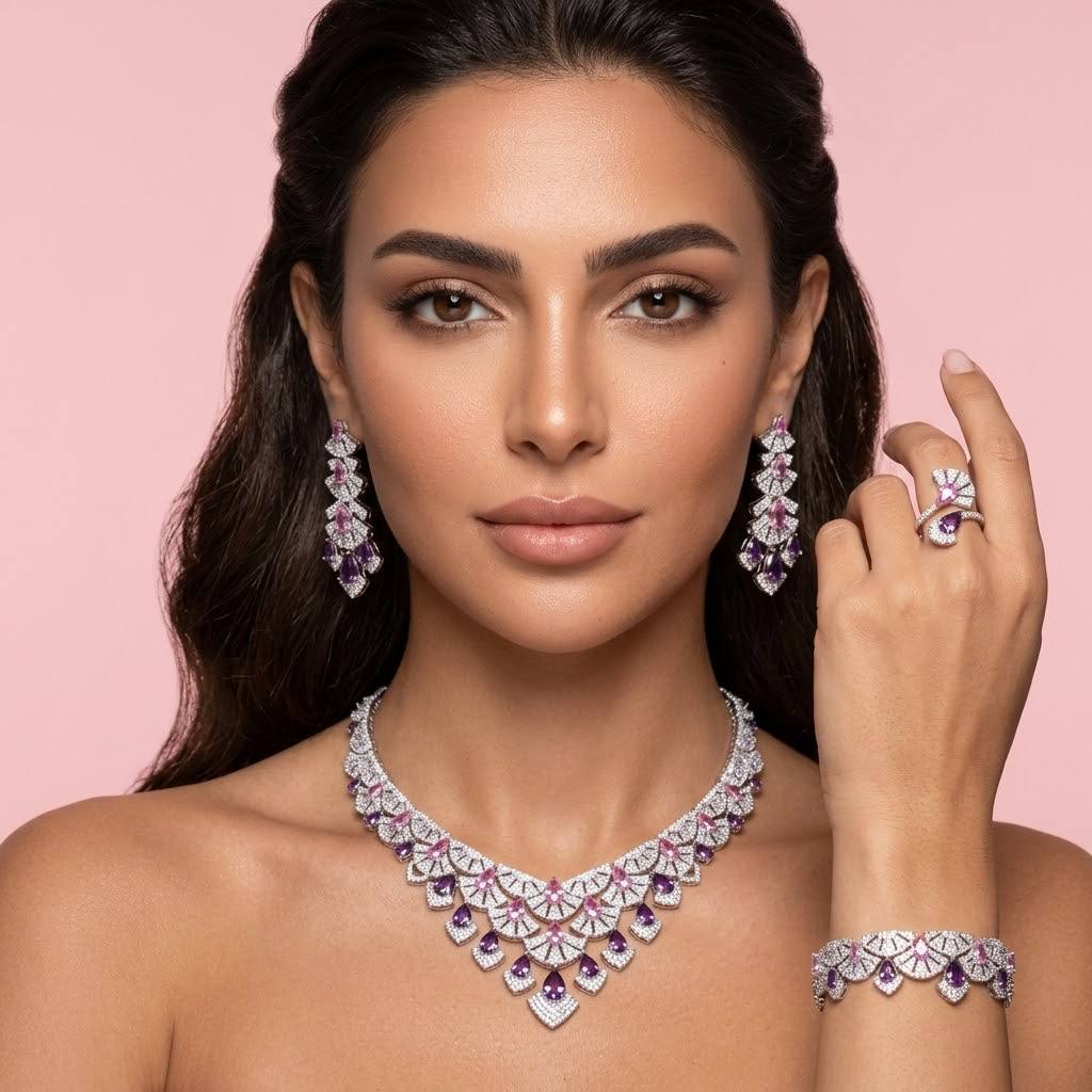 Omnia Lena Pink Luxury Bridal White Full Set In High Quality Zircon Stone Rhodium Plated - Image 2