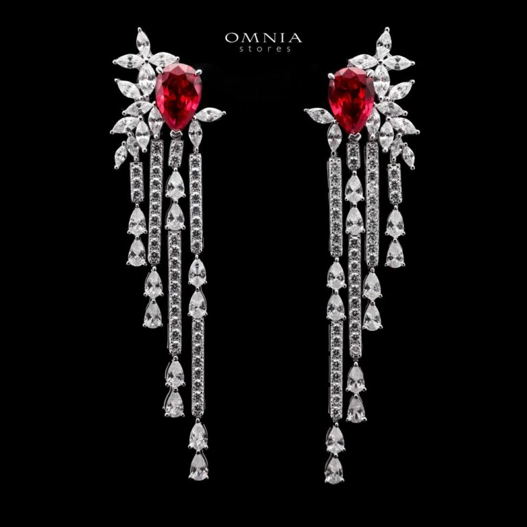 Abir Red Drop Earrings with Premium Simulated Diamonds in 925 Sterling Silver