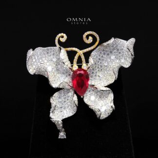 Aylani Red Butterfly Brooch with Premium Simulated Diamonds in 925 Sterling Silver