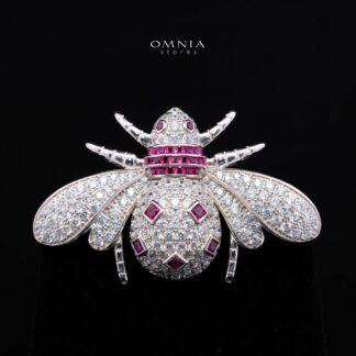 Sabrine Queen Bee Brooch – Premium Ruby Red & White Simulated Diamonds in 925 Sterling Silver