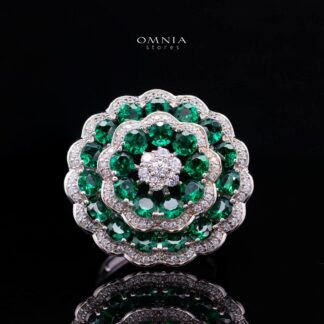 Omnia Nayeli Floral Halo Ring with Emerald Green Simulated Diamonds in 925 Silver