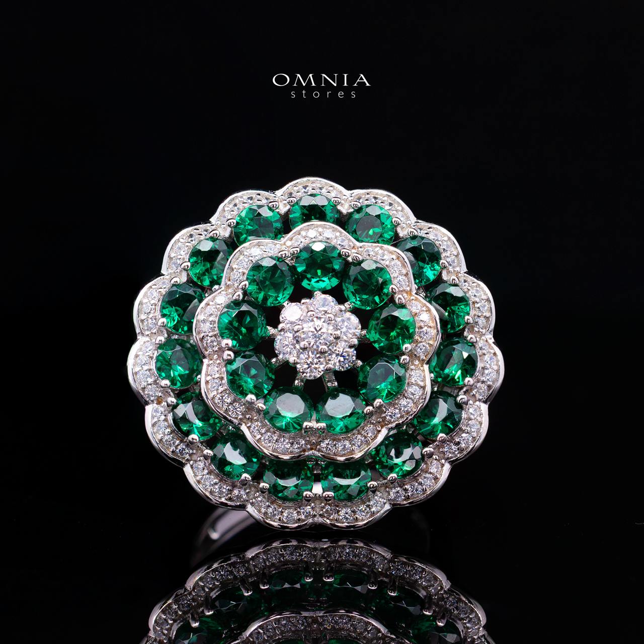 Omnia Nayeli Floral Halo Ring with Emerald Green Simulated Diamonds in 925 Silver