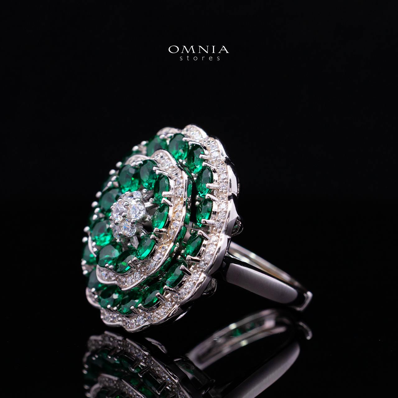 Omnia Nayeli Floral Halo Ring with Emerald Green Simulated Diamonds in 925 Silver - Image 2