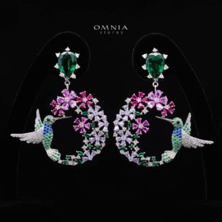 Khalisa Hummingbird & Floral Garden Stud Earrings in 925 Silver with Simulated Diamonds