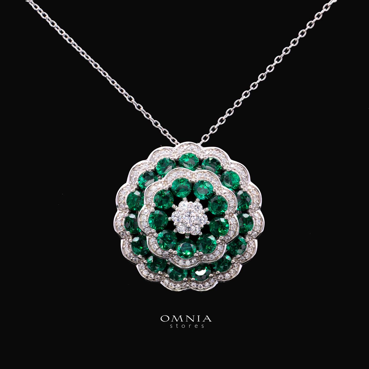 Omnia Nayeli Floral Halo Necklace with Emerald Green Simulated Diamonds in 925 Silver
