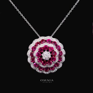 Omnia Nayeli Floral Halo Necklace with Ruby Red Simulated Diamonds in 925 Silver