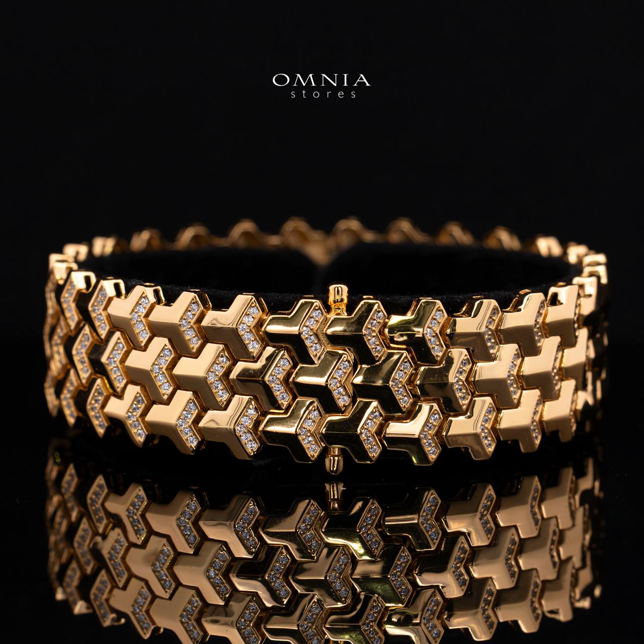 Sorelle Geometric Interlocking Chevron Gold-Plated Bangle with Premium Simulated Diamonds in 925 Sterling Silver - Image 2