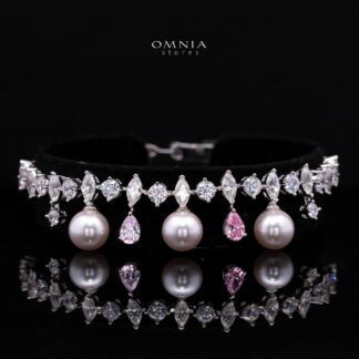 Eleniya Vintage Royal Pearl and Pink Diamond Fringe Drop Bracelet with Premium Simulated Diamonds in 925 Sterling Silver