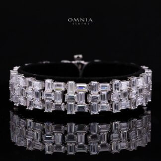 Ameliora Emerald Cut Brick Lattice Wide Bracelet with Premium Simulated Diamonds in 925 Sterling Silver