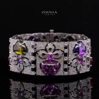 Solenne Baroque Multi-Color Cabochon Statement Cuff with Premium Simulated Diamonds in 925 Sterling Silver