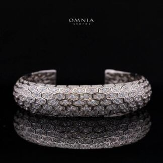 Novalie Honeycomb Geometric Wide Cuff Bangle with Premium Simulated Diamonds in 925 Sterling Silver