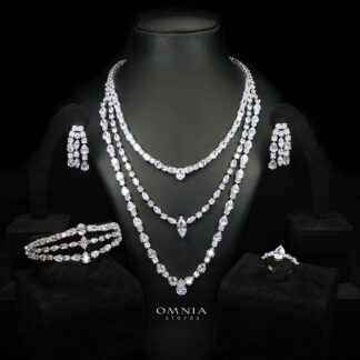 Evelisse White Luxury Full Set with Long Chain, High Quality Premium Simulated Diamond & Rhodium Plated Finish
