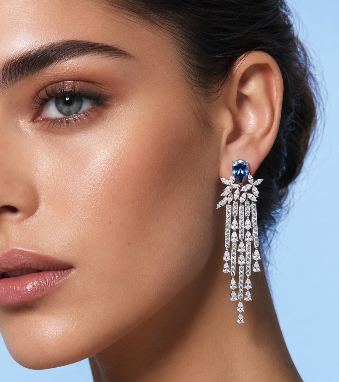 Omnia Vanya Blue Drop Earrings in 925 Silver with Pear-Cut High Quality Simulated Diamonds