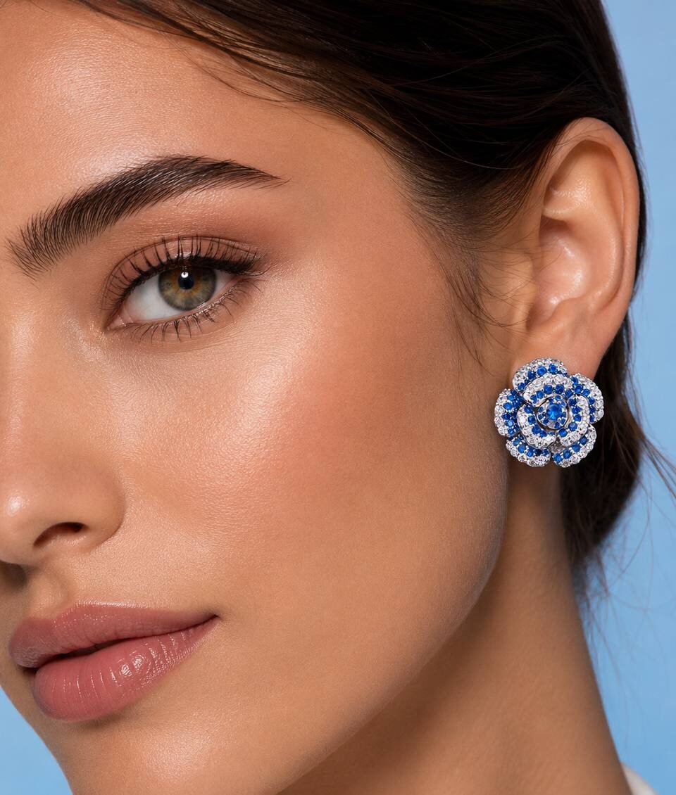 Safiyah Blue Rose Stud Earrings 925 Sterling Silver | Premium Brilliant-Cut Simulated Diamonds