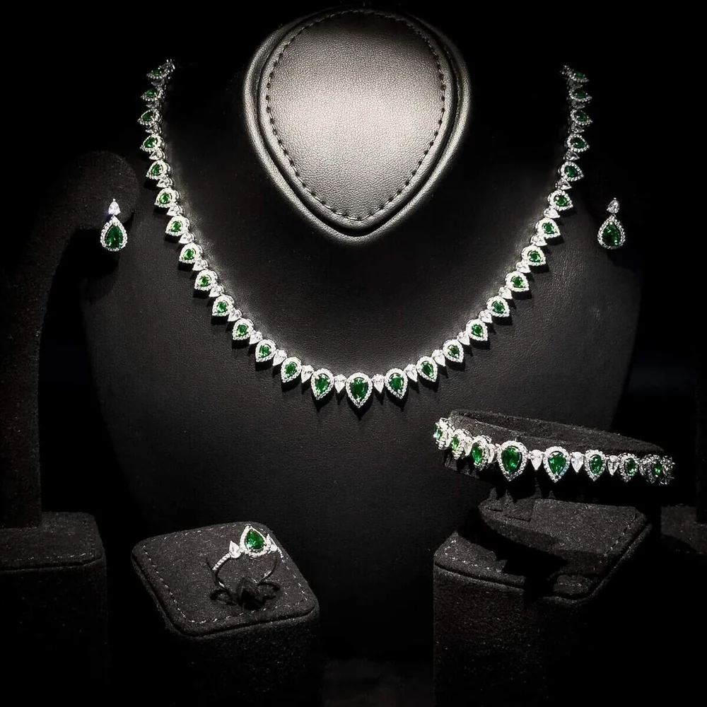 Sundus Green Bridal Full Set – Premium Rhodium Plated with High-Quality Zircon Stones