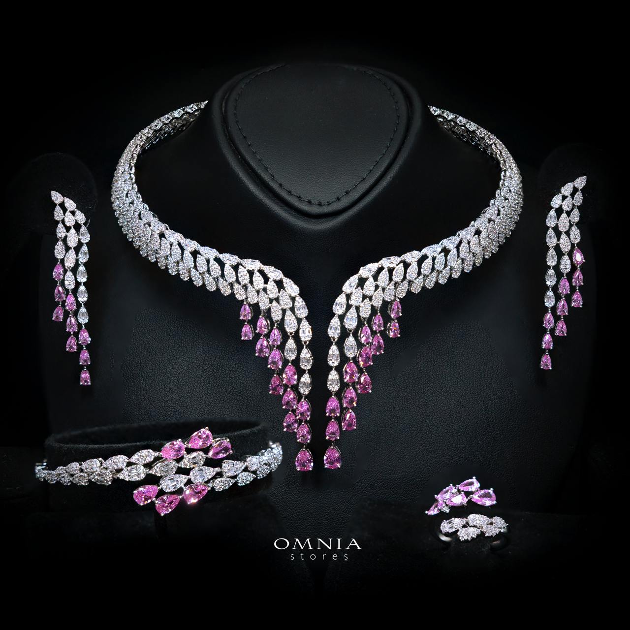 Omnia Senna Luxury Bridal Pink Full Set in High Quality Zircon Stone Rhodium Plated