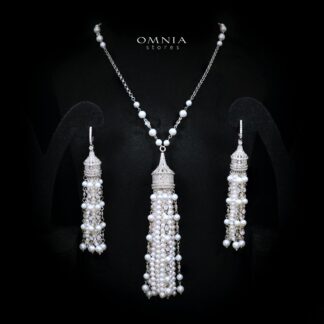 Nuriyah Pearl Necklace and Earrings Set with High-Quality Premium Simulated Diamonds in 925 Sterling Silver