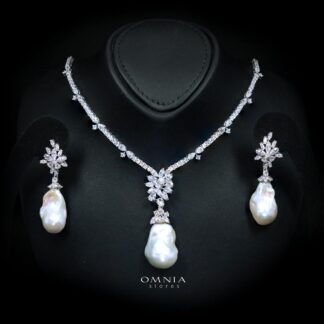 Ruhaina Pearl Necklace and Earrings Set with High-Quality Premium Simulated Diamonds in 925 Sterling Silver