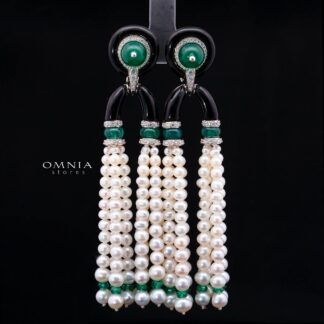 Irfana Green Pearl Drop Earrings with High-Quality Premium Simulated Diamonds in 925 Sterling Silver