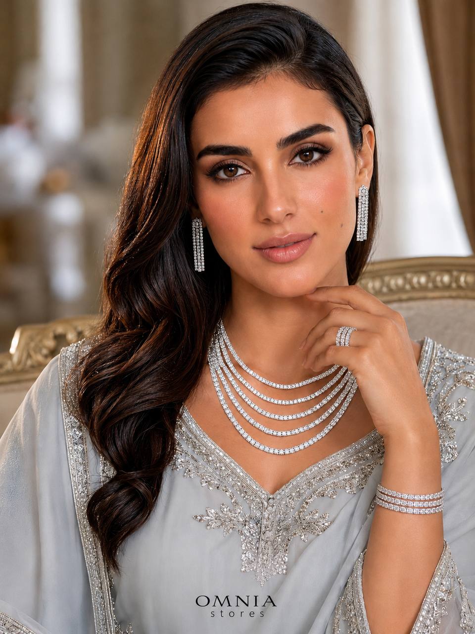 Yasmira White Luxury Bridal Full Set with High-Quality Simulated Diamonds, Rhodium Plated