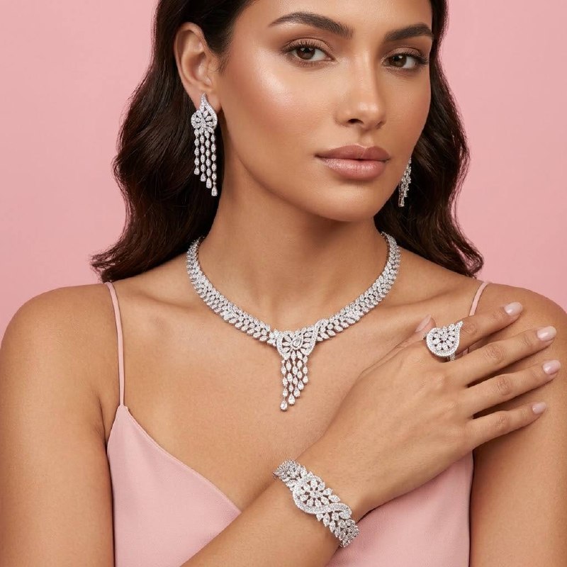 Lorelai White Luxury Bridal Full Set with High-Quality Simulated Diamonds and Rhodium Plating