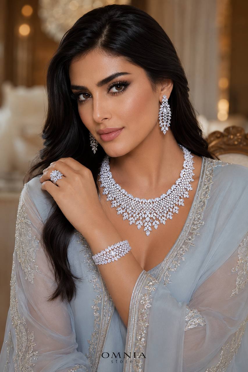 Olenna White Luxury Bridal Full Set with High-Quality Simulated Diamonds, Rhodium Plated