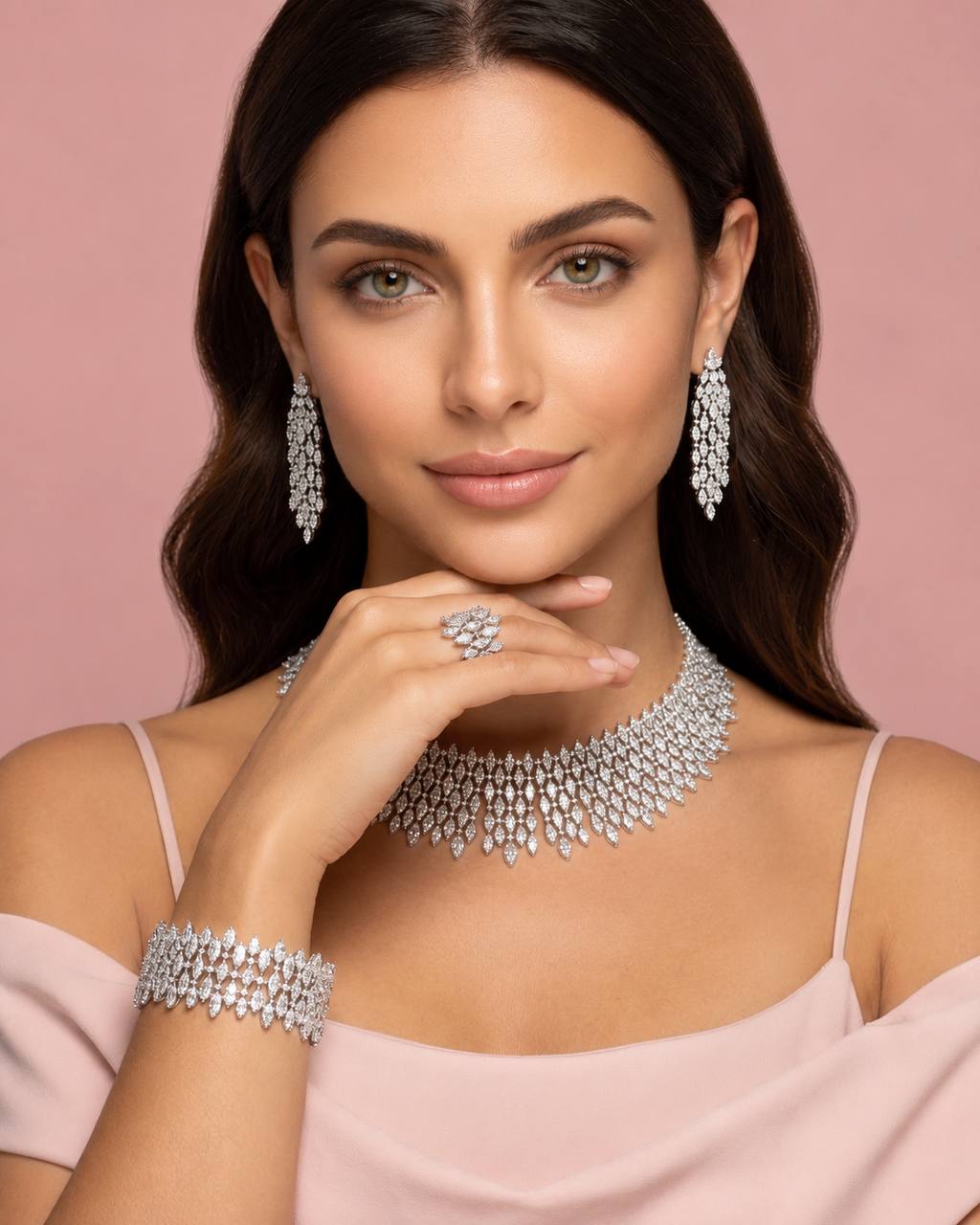 Cyra White Luxury Bridal Full Set with High-Quality Simulated Diamonds and Rhodium Plating - Image 3