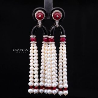 Irfana Red Pearl Drop Earrings with High-Quality Premium Simulated Diamonds in 925 Sterling Silver