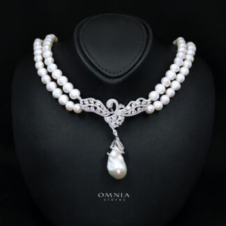 Talinara Pearl Necklace with High-Quality Premium Simulated Diamonds in 925 Sterling Silver