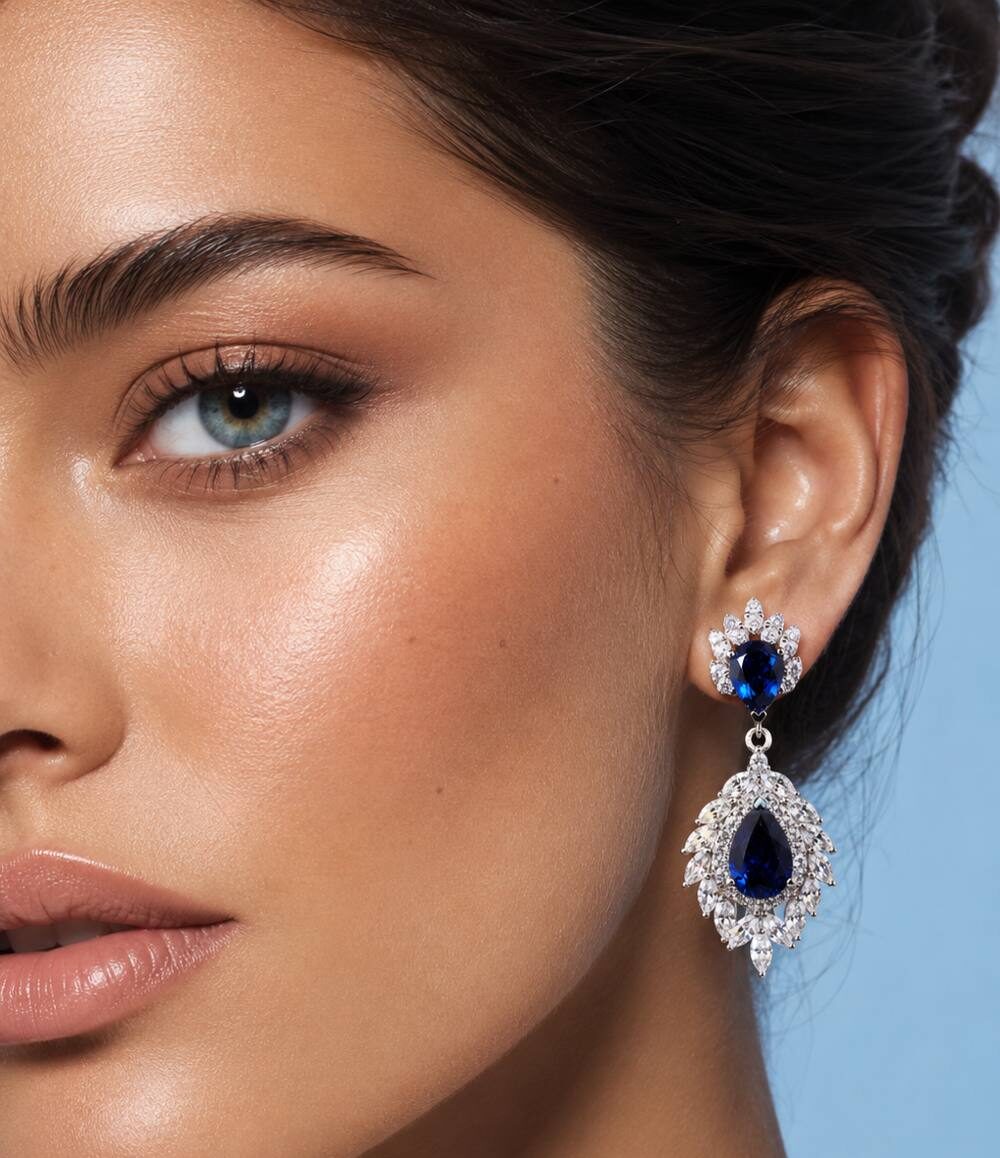 Carolina Lab-Grown Blue Sapphire Earrings with GRC Certificate, Pear 6×9mm in 925 Sterling Silver - Image 2