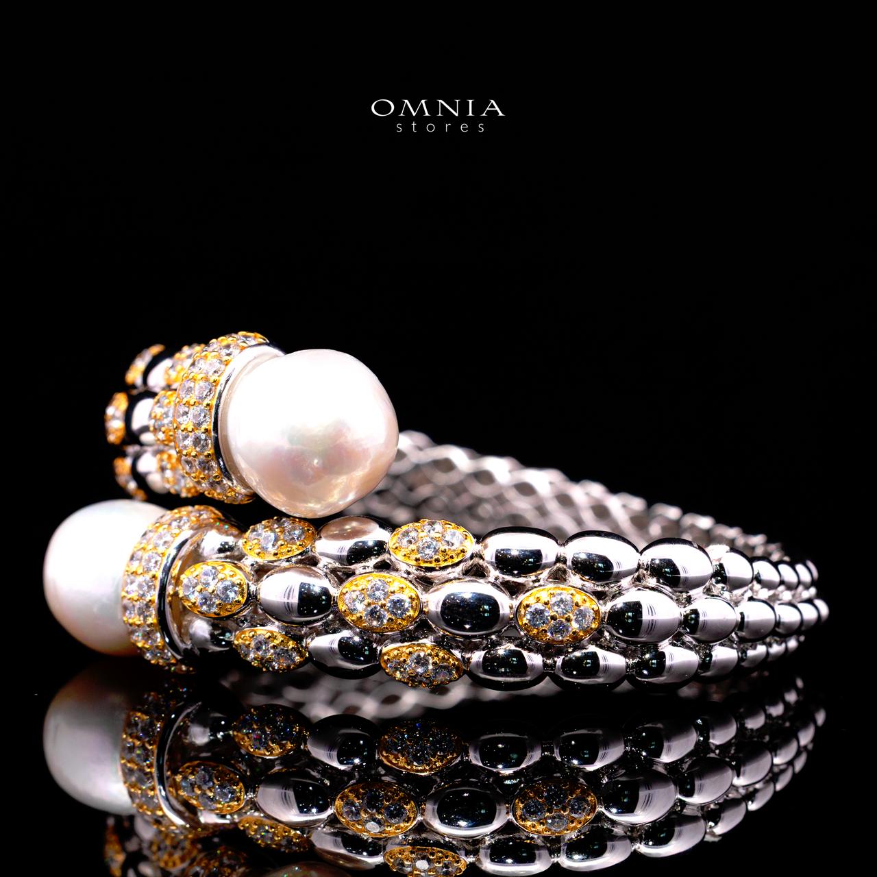 Dulce Royal Two-Tone Pearl Bangle with Premium Simulated Diamonds in 925 Sterling Silver - Image 2