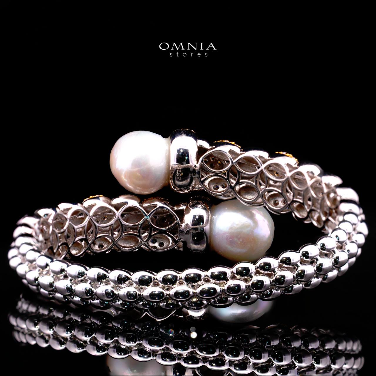 Dulce Royal Two-Tone Pearl Bangle with Premium Simulated Diamonds in 925 Sterling Silver - Image 4