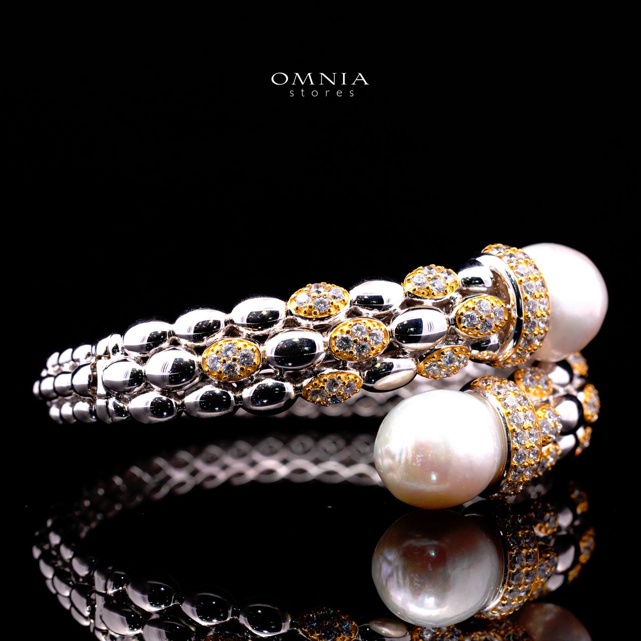 Dulce Royal Two-Tone Pearl Bangle with Premium Simulated Diamonds in 925 Sterling Silver - Image 3