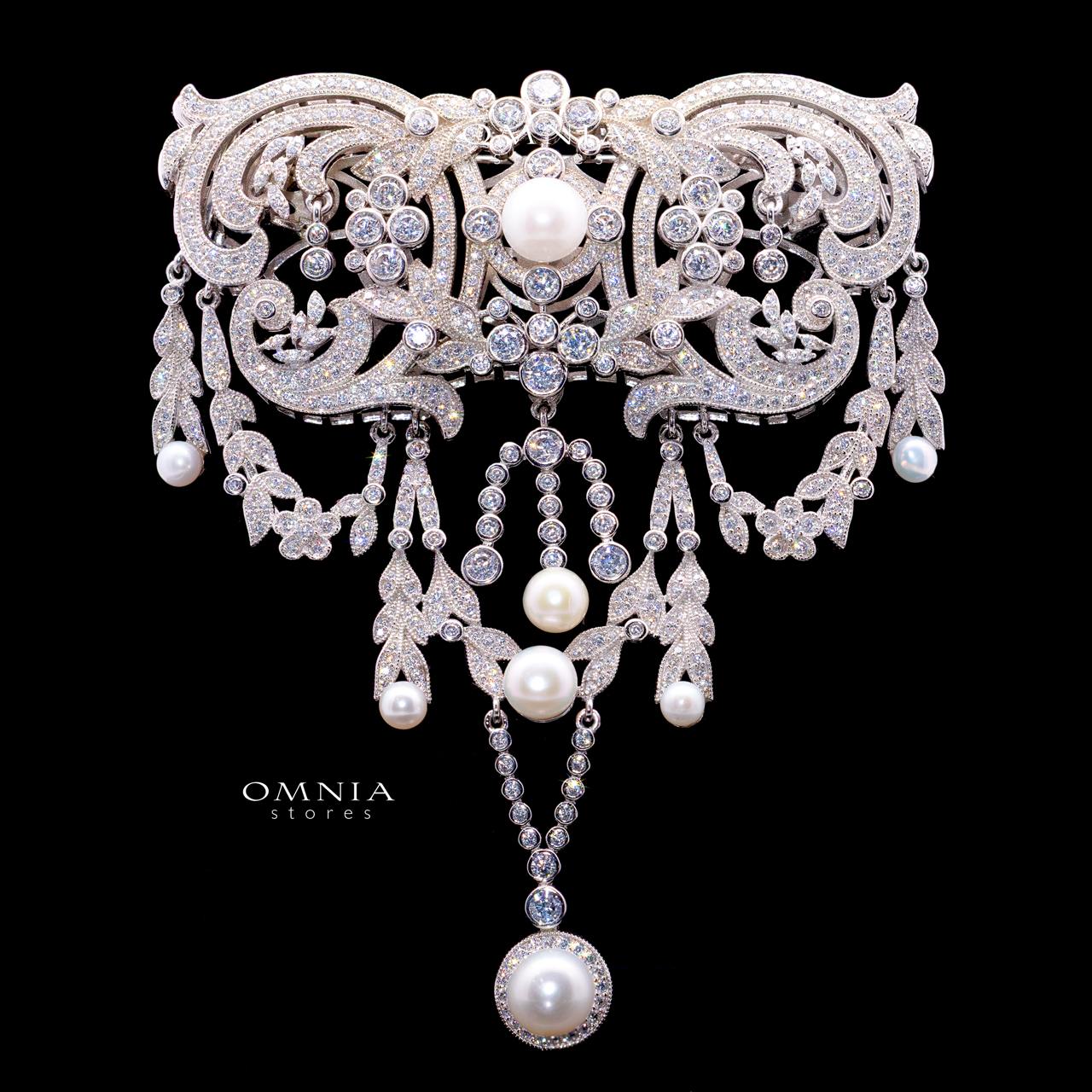 Marjorie Pearl Brooch with High-Quality Premium Simulated Diamonds in 925 Sterling Silver