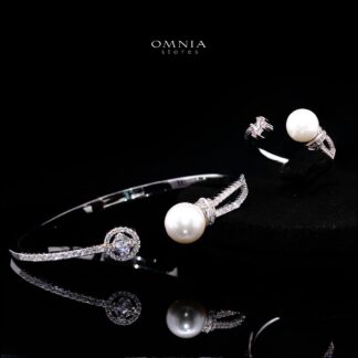 Nilda Pearl Bangle & Ring Set with Premium Simulated Diamonds in Rhodium-Plated Alloy