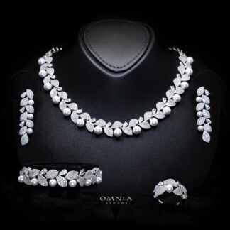 Radwa White Pearl Bridal Full Set with High-Quality Simulated Diamonds – Rhodium Plated